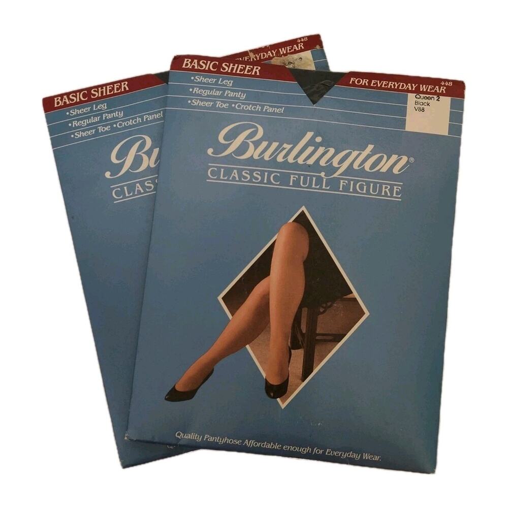 Burlington Classic Full Figure Basic Sheer Pantyhose QUEEN 2 BLACK Lot of 2 NOS